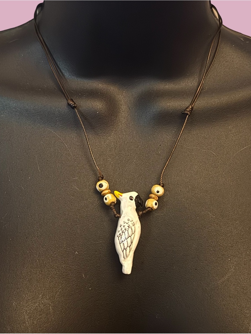 Bioclay cockatoo whistle pendant adjustable cord necklace